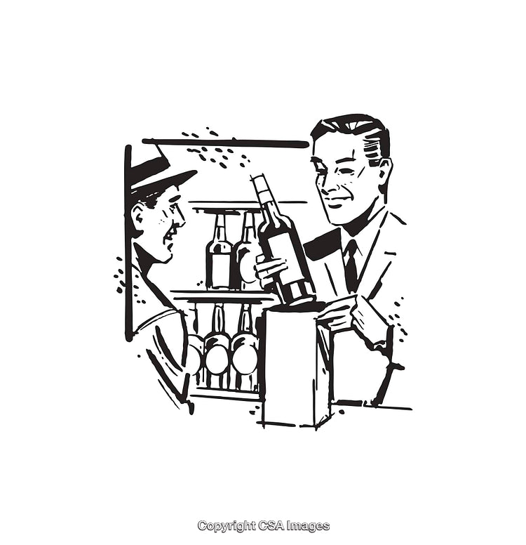 Vintage Line Art of Men Shopping for Bottled Beverages