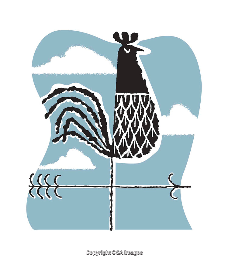 Stylized Illustration of a Rooster Weather Vane with Sky Background
