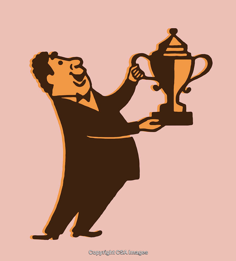Illustration of a Happy Man Holding a Large Trophy in Colors