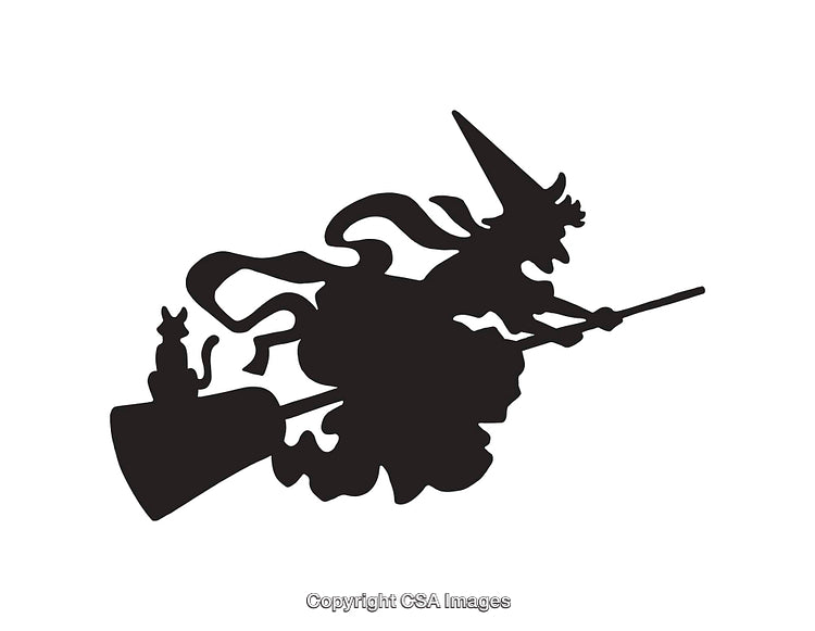 Silhouette of a Flying Witch With Cat on a Broomstick