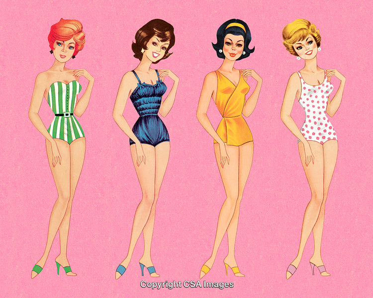 Vintage Illustration of Women in 1960s Retro Swimsuits and Hairstyles