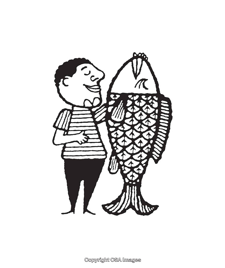 Black and White Illustration of a Man with a Large Fish