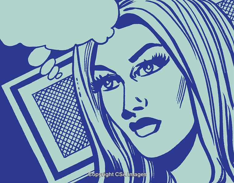 Pop Art Style Woman Illustration with Thought Bubble in Blue Tones