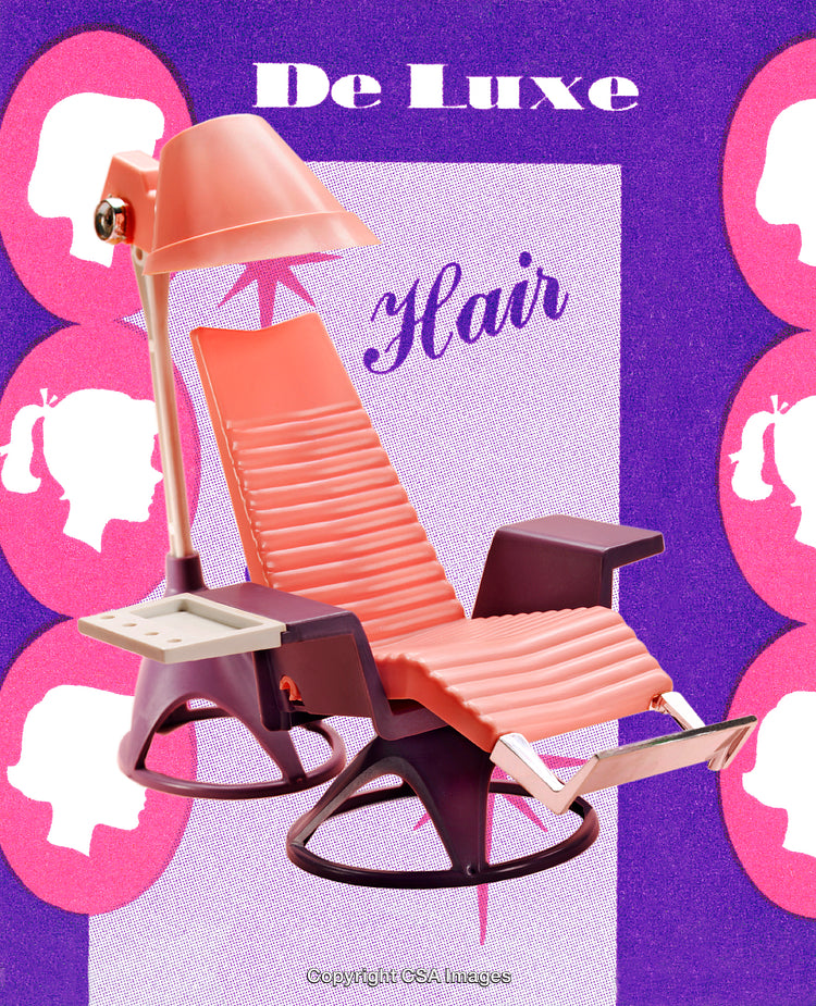Retro Pink Toy Hairdryer Chair with Vintage Graphic Design Elements