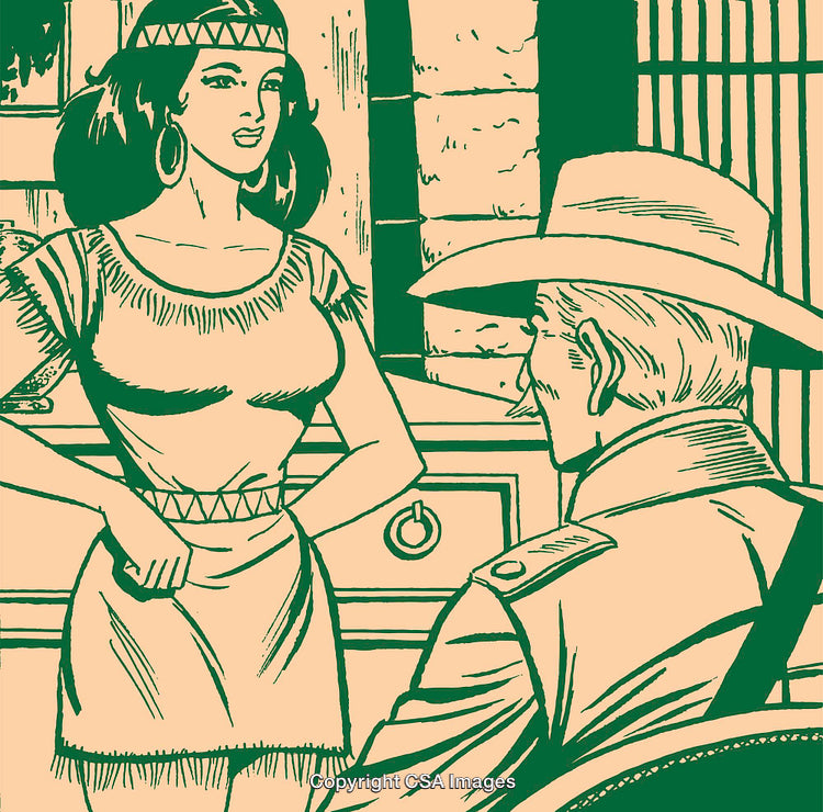 Retro Illustration Depicting Western Scene with Cowboy and Native Woman