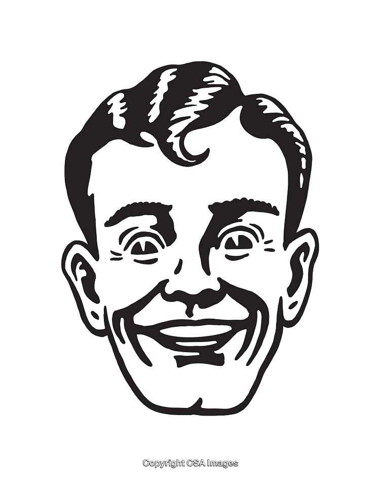 Retro Black and White Smiling Face Line Art Illustration