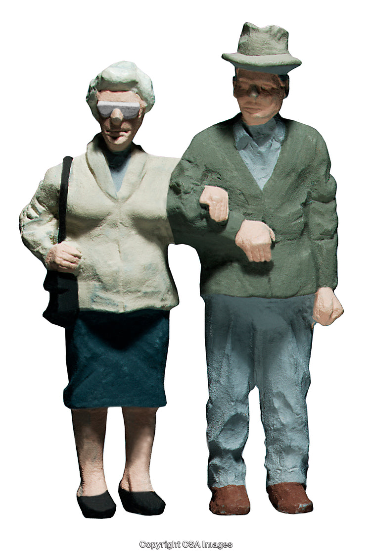 Elderly Couple Figurines Standing Together in Green and Blue Outfits
