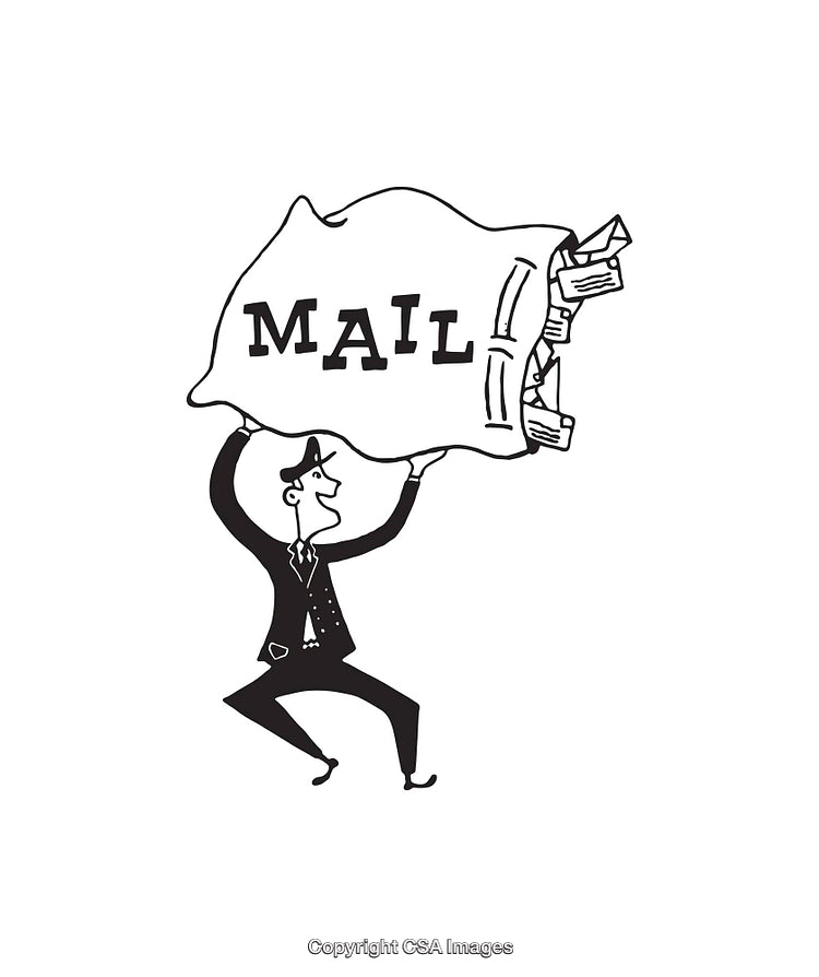 Black and White Retro Mailman Carrying a Large Bag of Letters