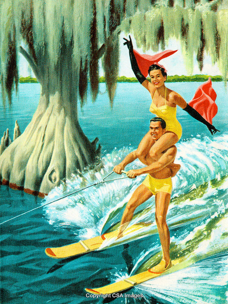 Couple Performing Acrobatic Water Skiing by Mossy Trees
