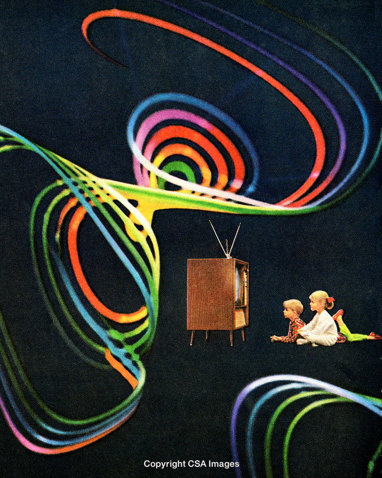 Vintage Scene with Children Watching Television and Vibrant Colorful Patterns