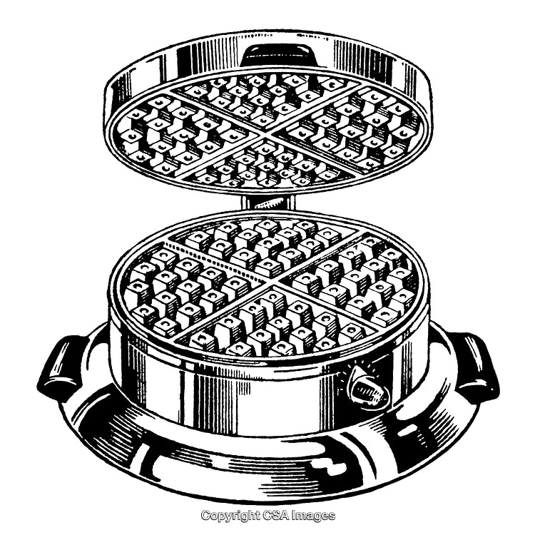 Vintage Waffle Iron in Highly Detailed Black and White Engraving Style