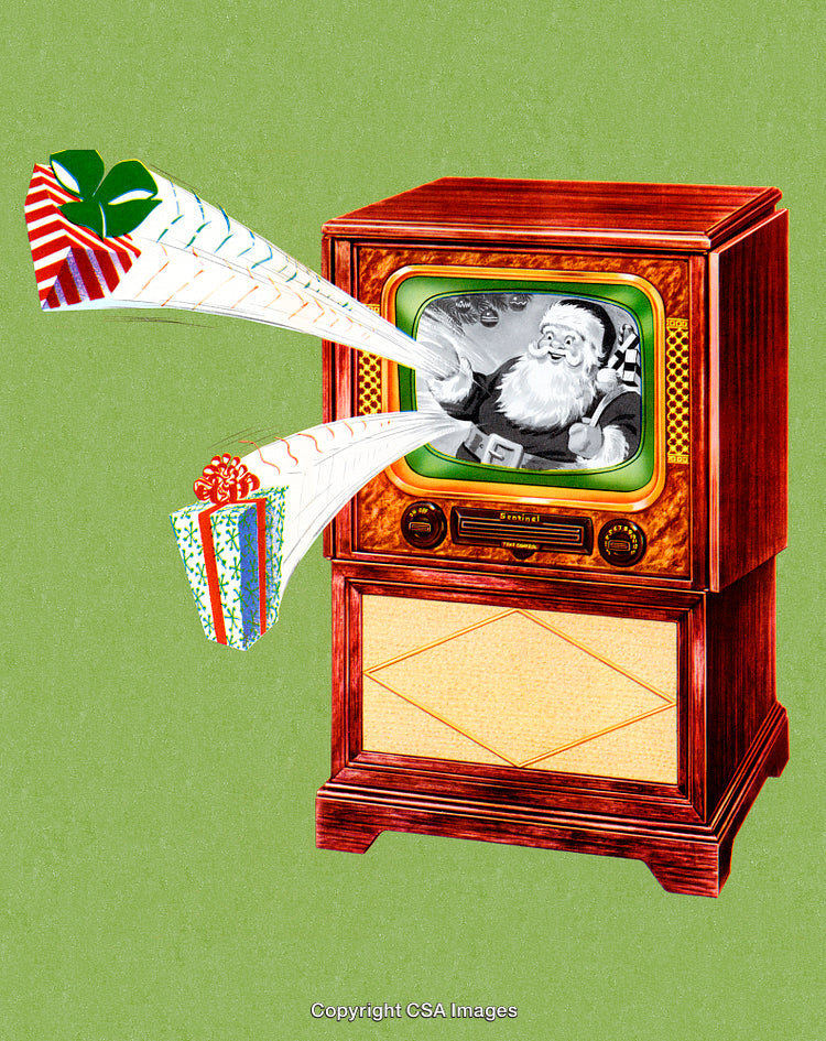 Vintage Santa Television Delivering Gifts in a Retro Holiday Scene