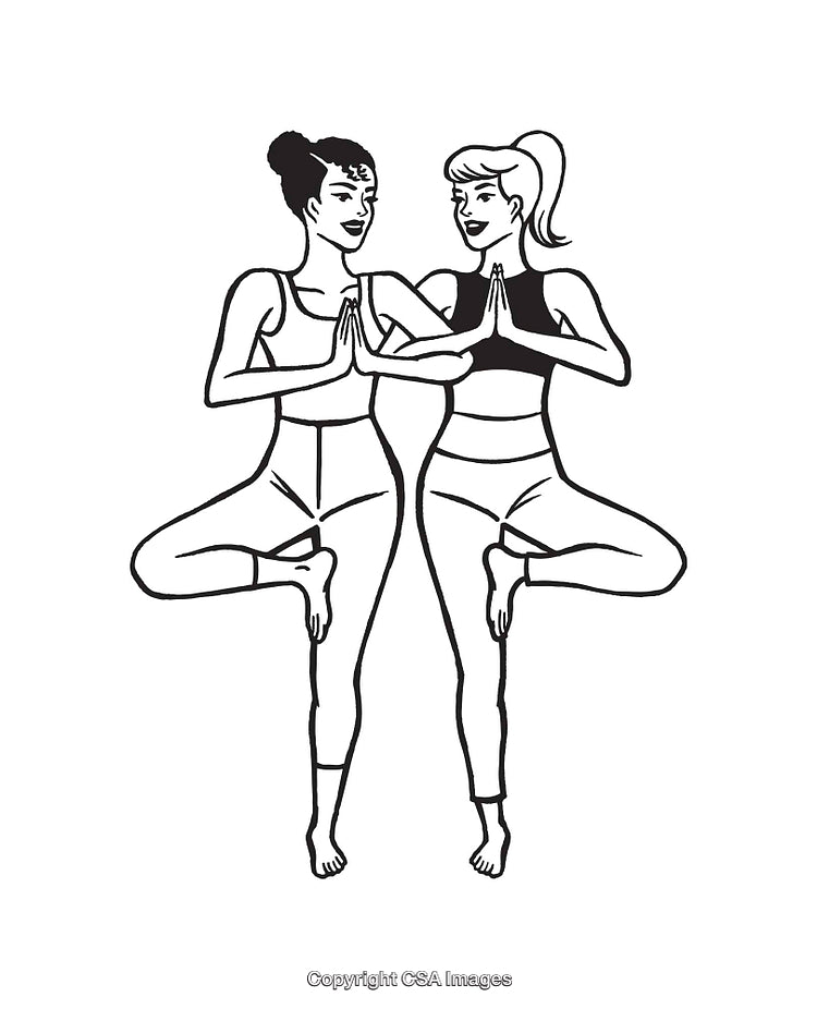 Two Women Practicing Yoga Together in Black and White Line Art