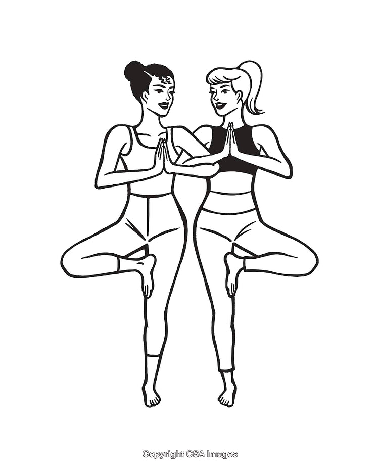 Two Women Practicing Yoga Together in Black and White Line Art