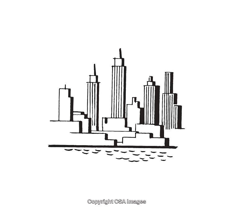 Black and White Line Art of a Cityscape with Skyscrapers
