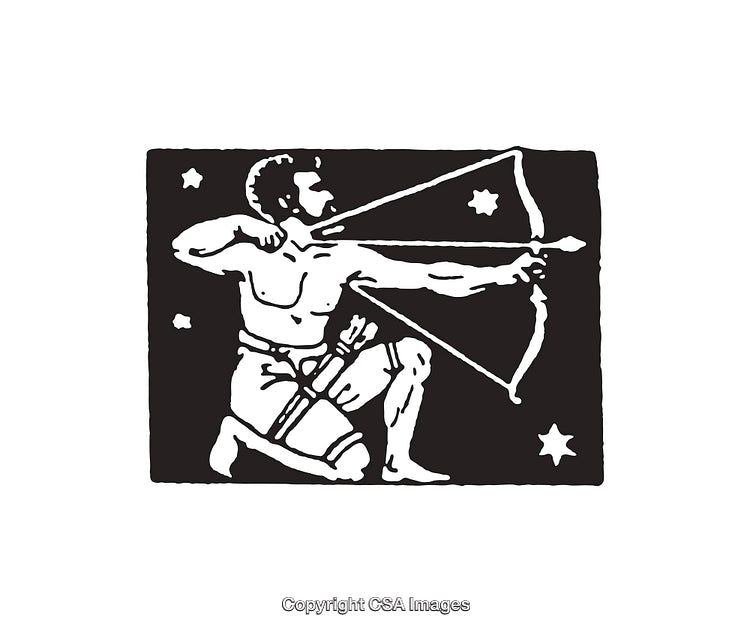 Black and White Illustration of Sagittarius Zodiac Figure Holding a Bow and Arrow