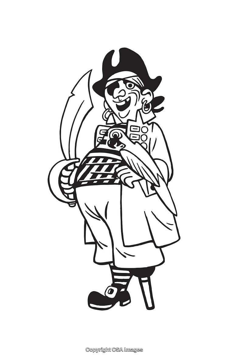 Black and White Cartoon Pirate with Parrot and Sword Illustration