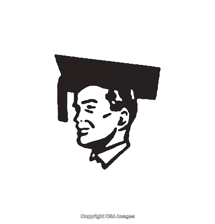 Black And White Line Art Illustration of a Student in Academic Hat