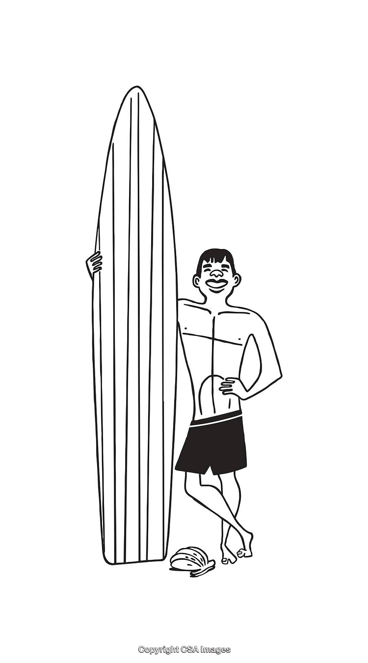 Black And White Illustration of a Surfer Posing With a Large Surfboard