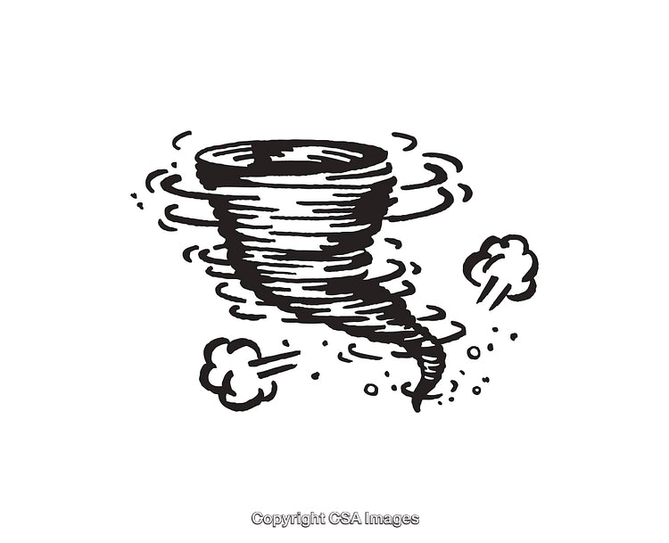 Black and White Tornado Illustration with Whirling Effects and Air Movement