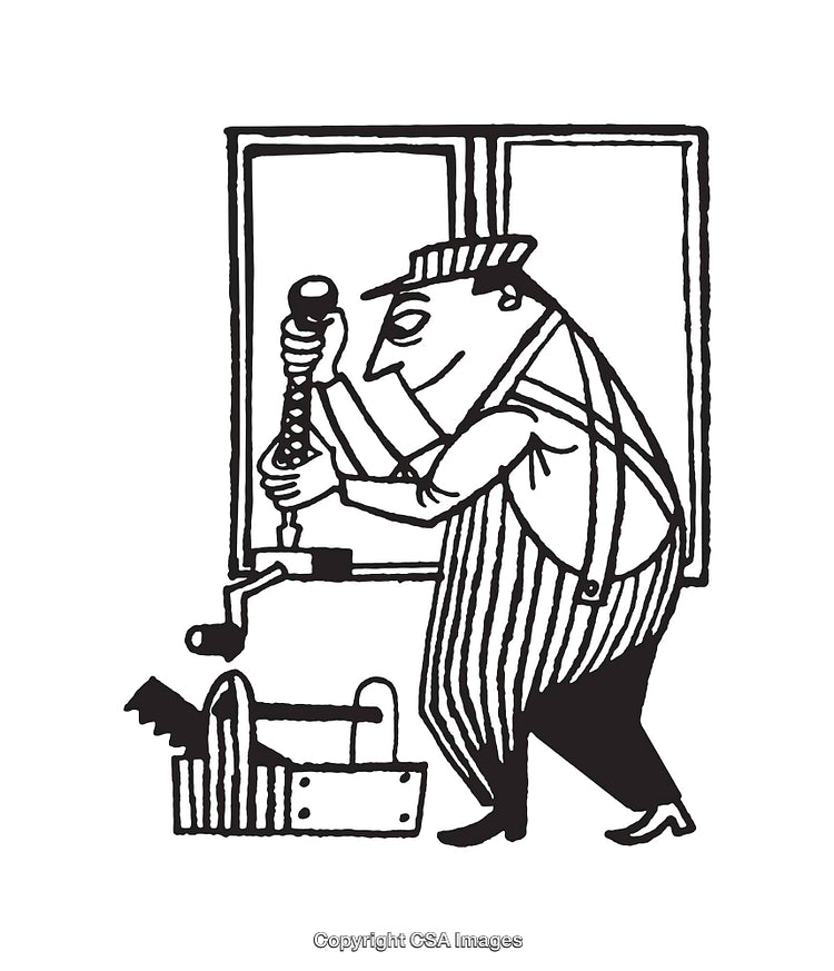 Black and White Line Art of Craftsman Working with Tools in Workshop