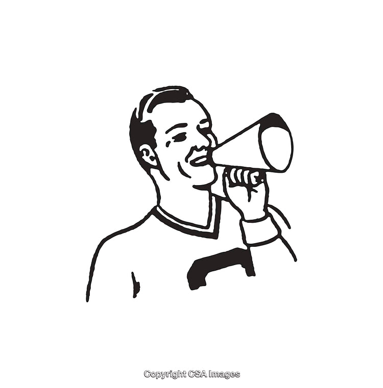 Vintage Black and White Illustration of a Man Shouting Through a Megaphone