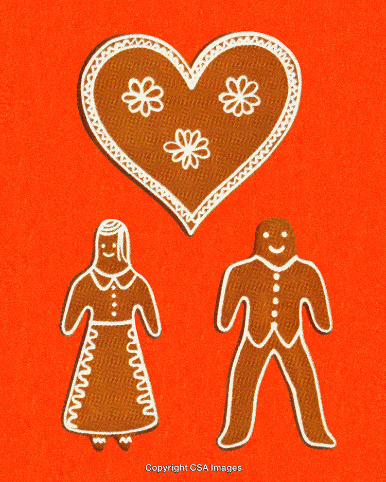 Heartwarming Gingerbread Figures with Decorative Heart on Red Background