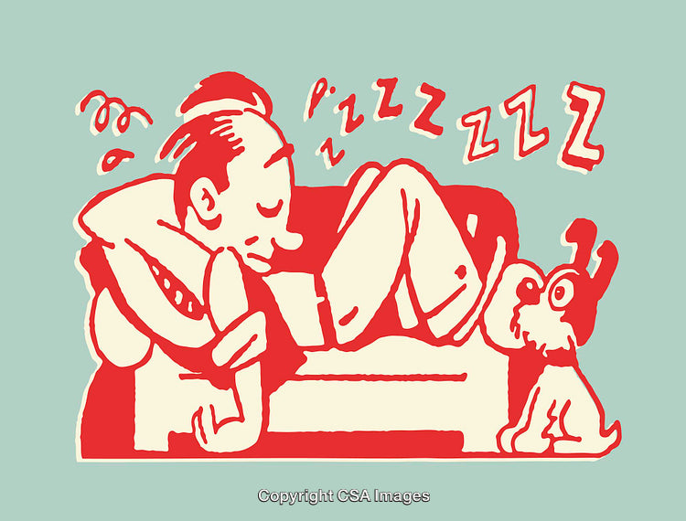 Cartoon Illustration of Relaxing Man Sleeping with a Curious Dog Nearby