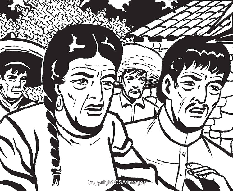 Monochrome Drawing of Concerned Individuals in a Rural Setting