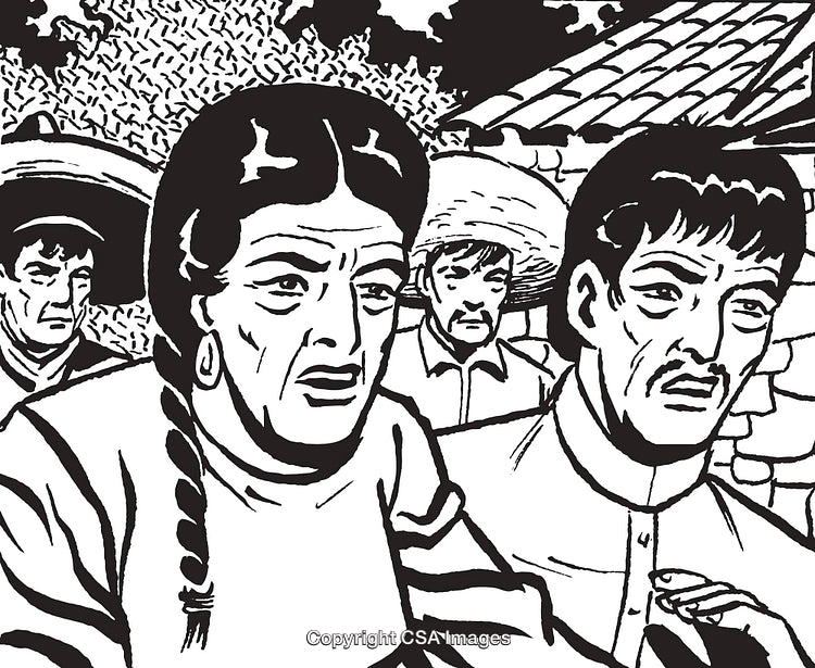 Monochrome Drawing of Concerned Individuals in a Rural Setting