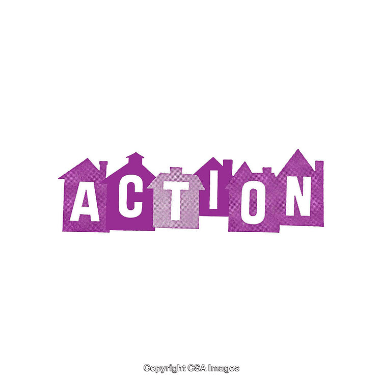 Purple Graphic Typography With Houses Shapes Illustrating the Word 'Action'