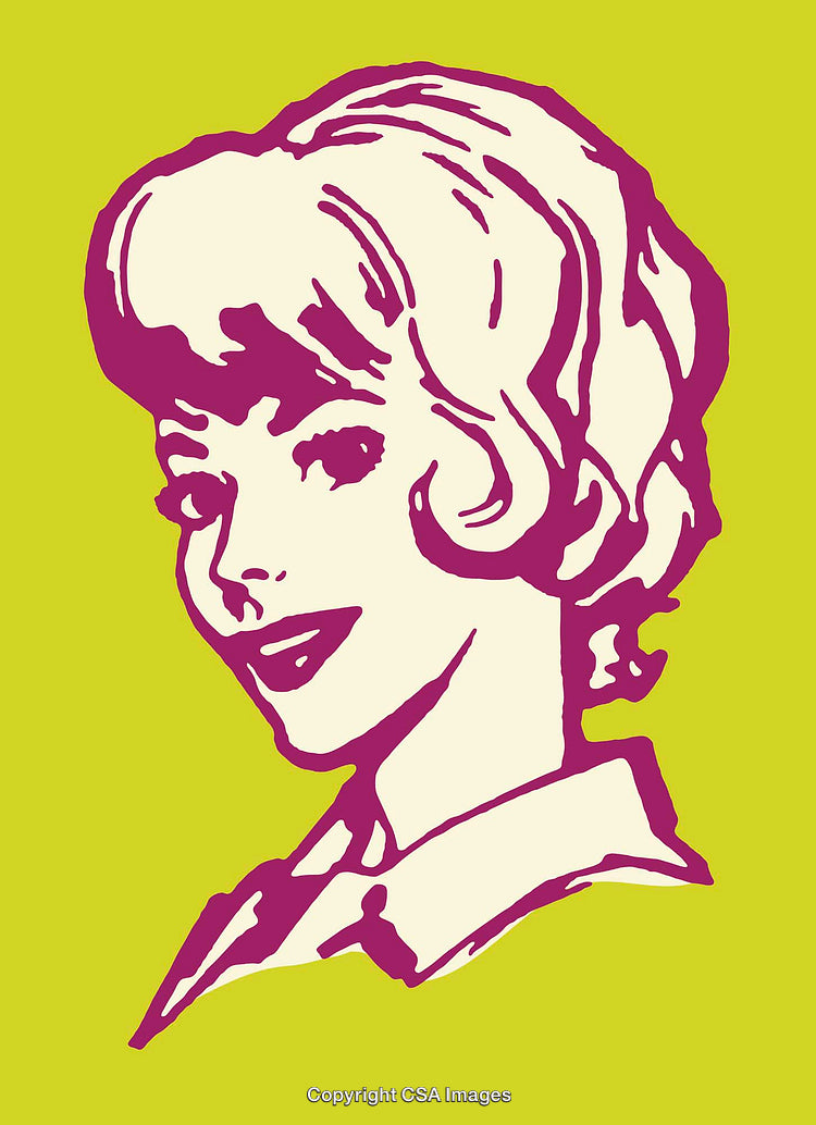 Retro Style Line Art Illustration of Smiling Woman on Green Background