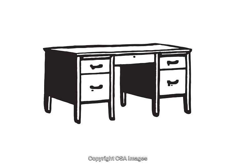 Black and White Line Art Illustration of a Traditional Desk with Drawers