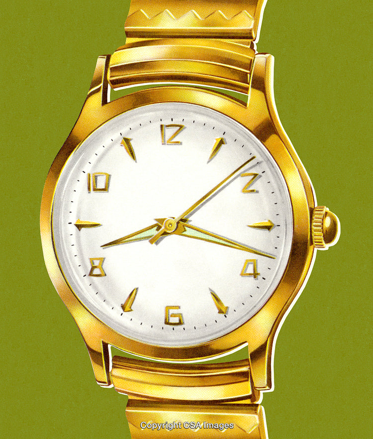 Elegant Gold Wristwatch with White Dial Against a Green Background Displayed Stylishly