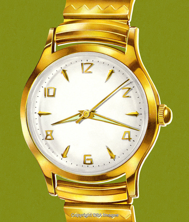 Elegant Gold Wristwatch with White Dial Against a Green Background Displayed Stylishly