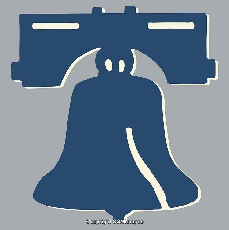 Minimalist Blue Liberty Bell on a Gray Background