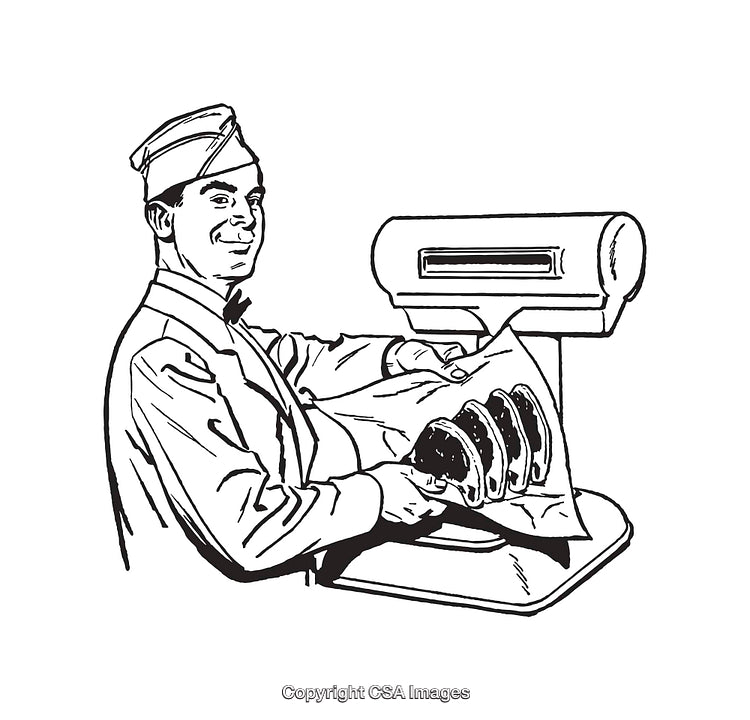 Vintage Bakery Worker Preparing Sliced Bread with Wrapping Machine Illustration