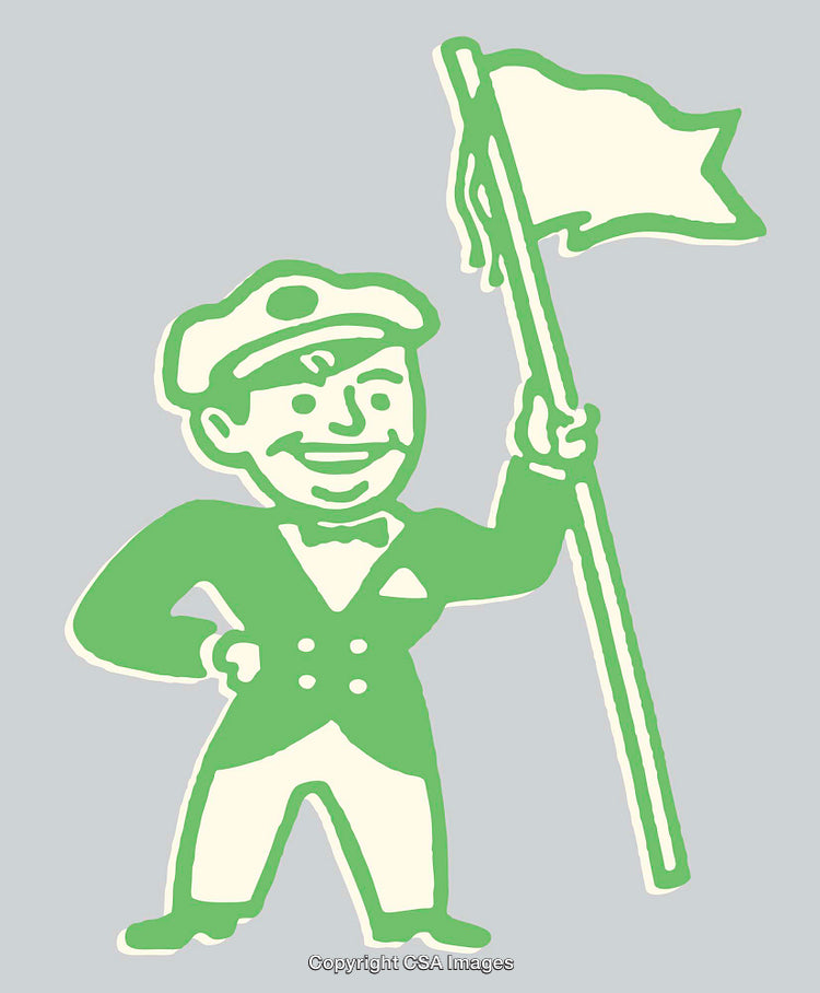 Retro Style Cartoon Illustration of Smiling Character Holding a Flag