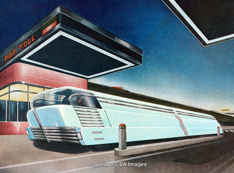 Futuristic Car at Toll Booth During Twilight in a Conceptual Scene