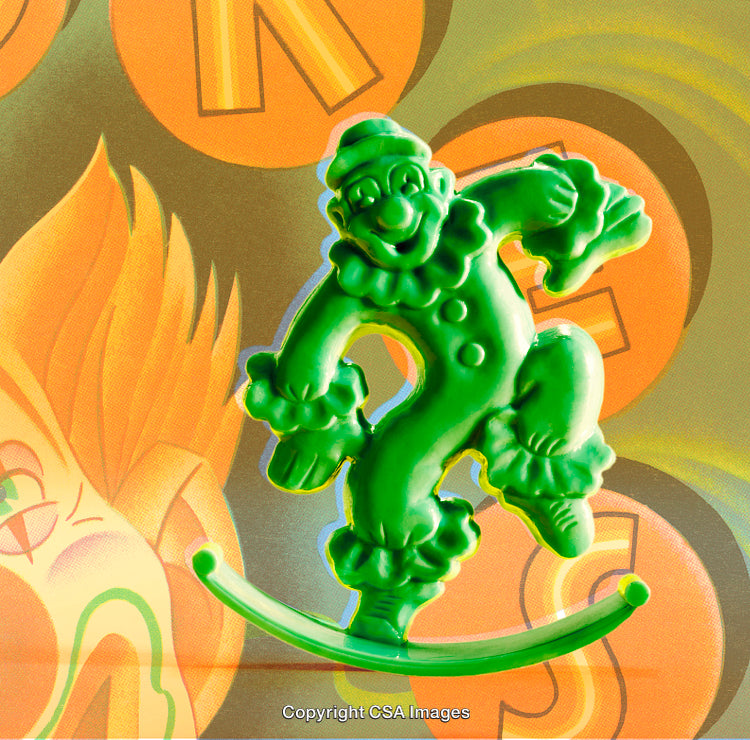 Vibrant Green Plastic Clown Figure with Cartoon-Style Background Design