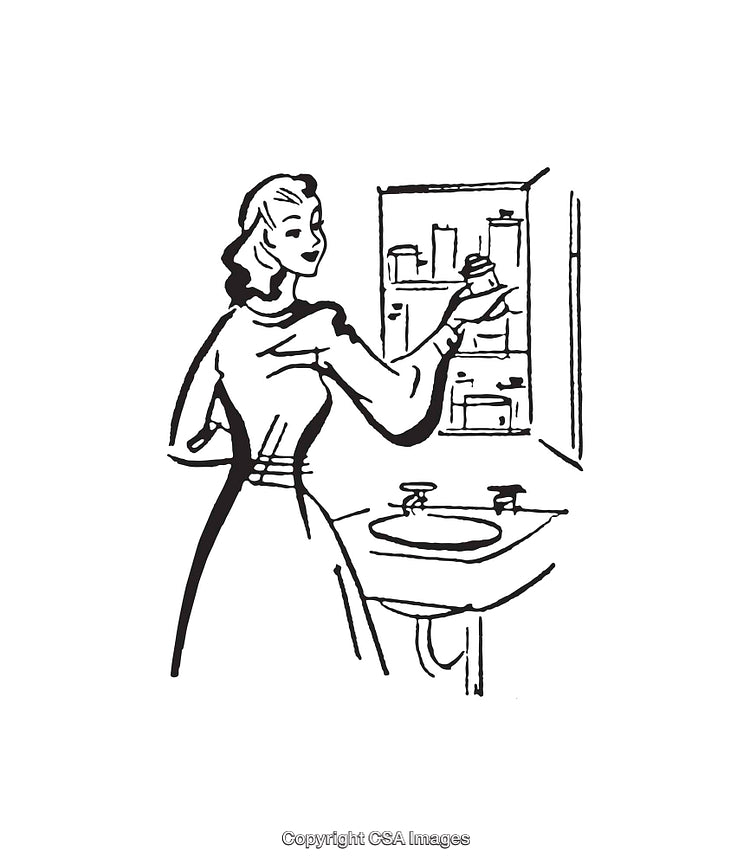 Retro Line Art Woman Organizing Bathroom Cabinet in Black and White