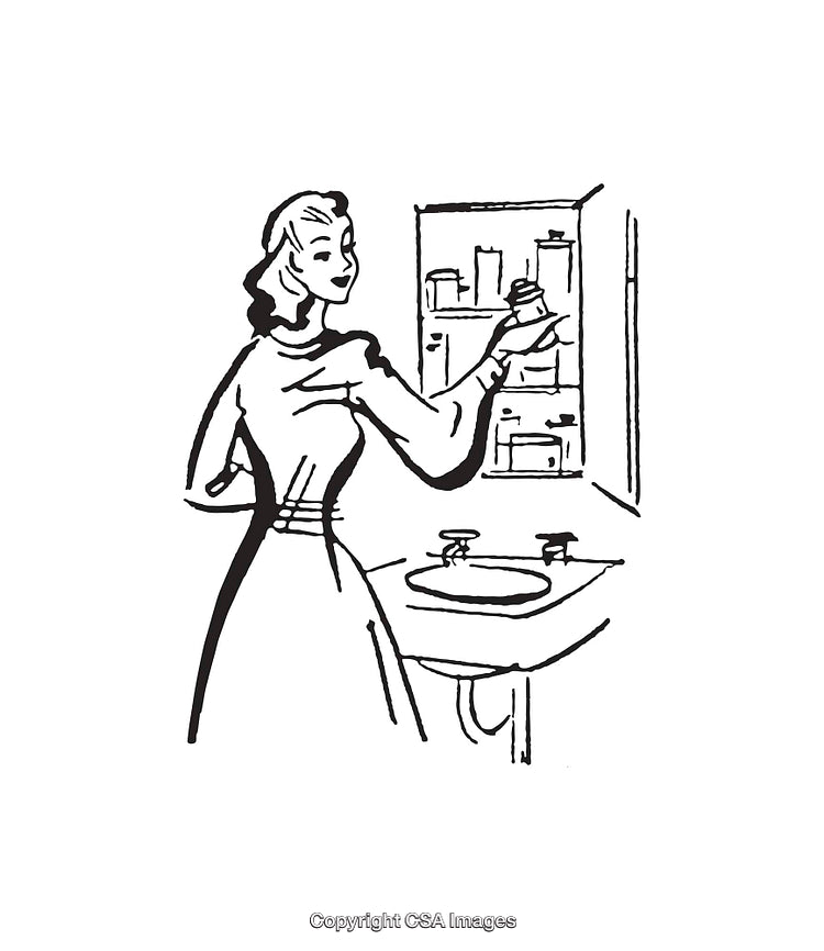Retro Line Art Woman Organizing Bathroom Cabinet in Black and White