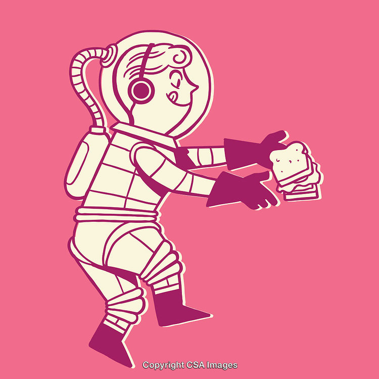 Retro Astronaut Illustration Holding Sandwich on a Vibrant Background