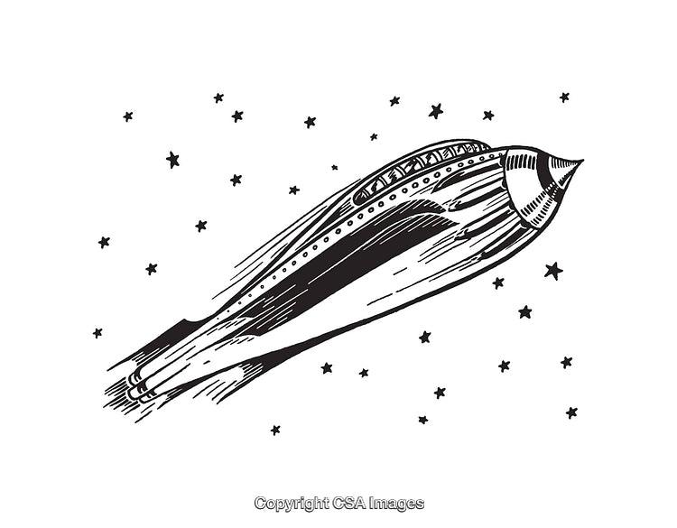 Black and White Line Art of a Rocket Spacecraft Among Stars