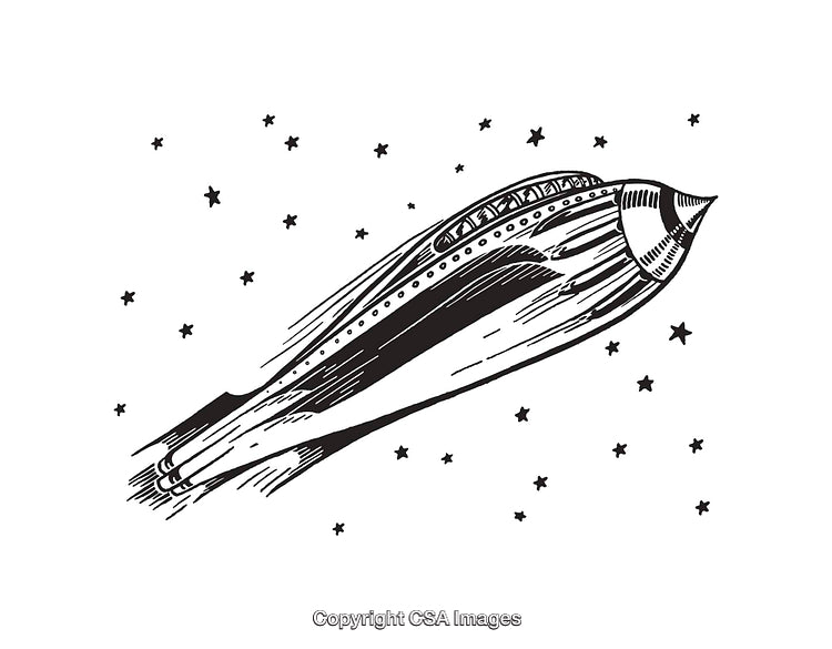 Black and White Line Art of a Rocket Spacecraft Among Stars