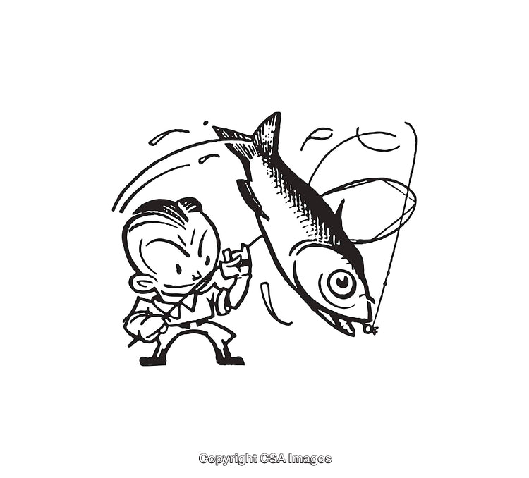 Cartoon Character Fishing with a Leaping Fish in Retro Style Drawing