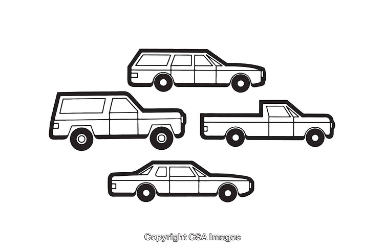 Set of Black and White Line Art Car Illustrations