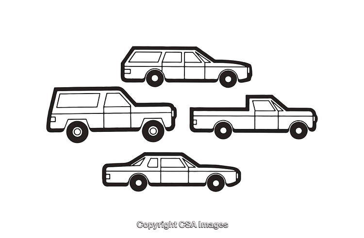 Set of Black and White Line Art Car Illustrations