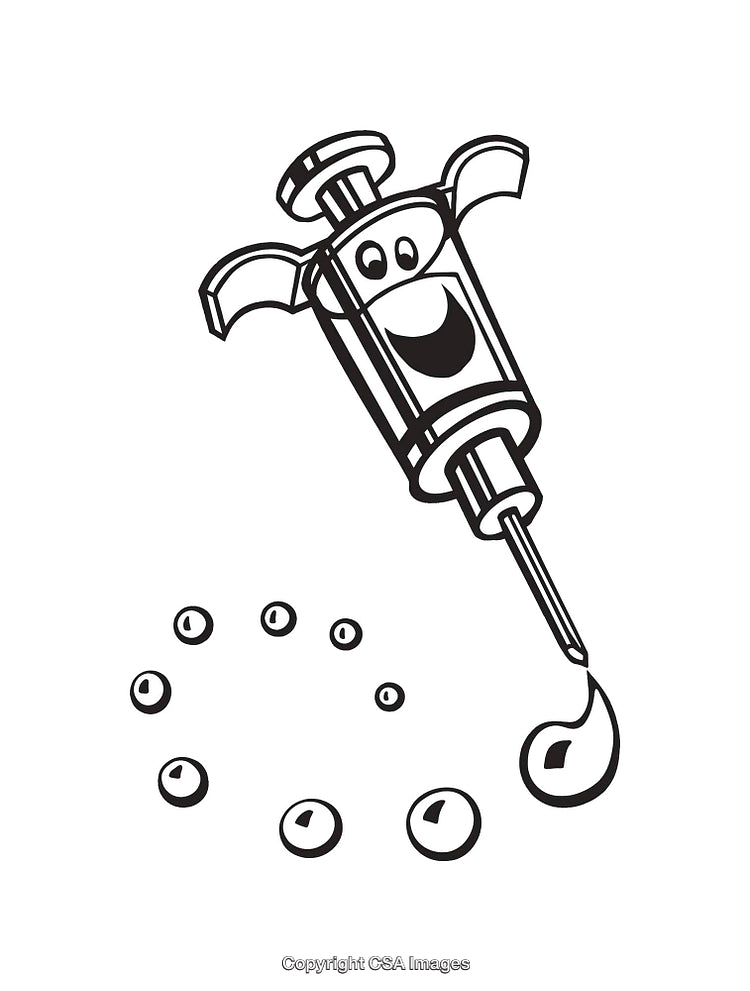 Black And White Illustration of Happy Syringe Cartoon Character