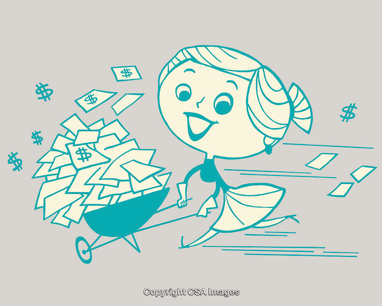 Cartoon Woman Carrying Wheelbarrow Overflowing With Dollar Bills